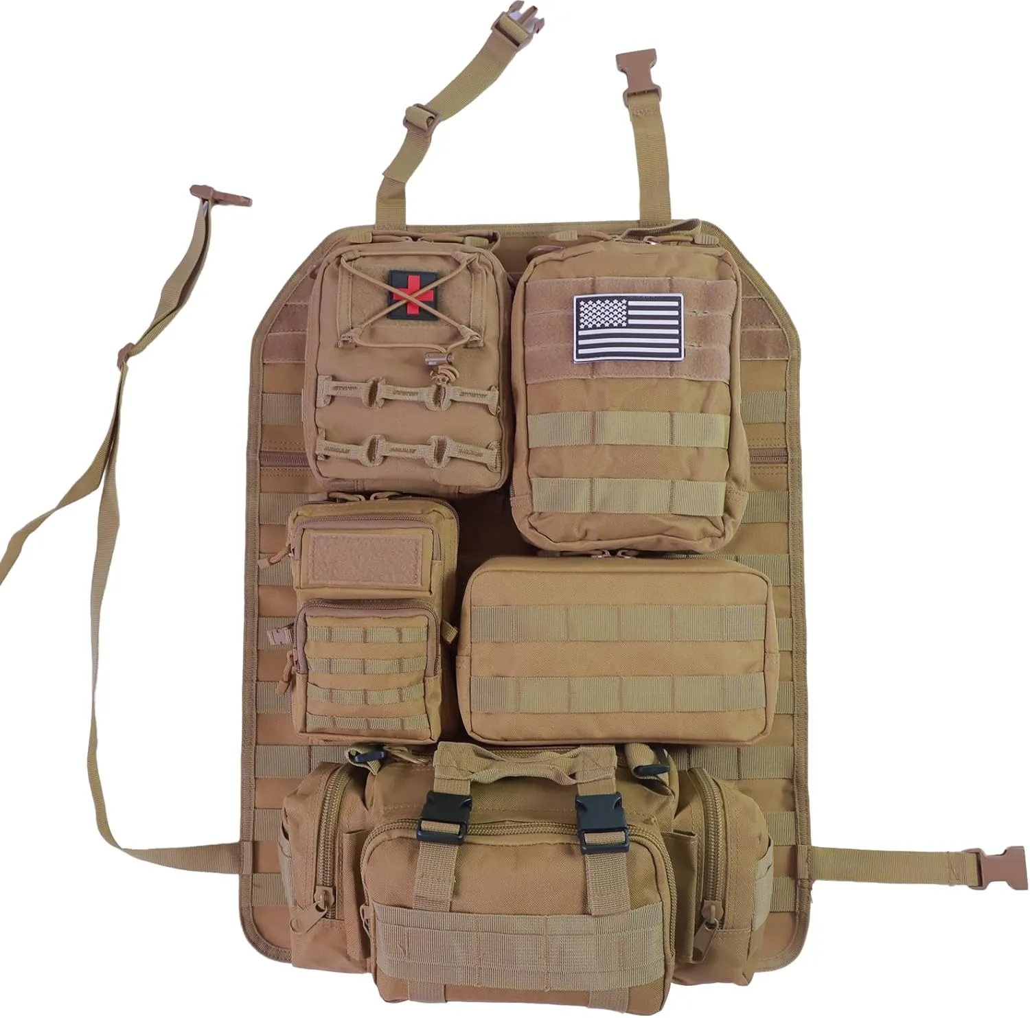 Universal Tactical Seat ​Back Organizer Vehicle Molle Panel Organizer Storage Bag with 5 Detachable Molle Pouch for All Vehicel Such as Jeep,Truck,SUV, Car, Ford,Chevy etc