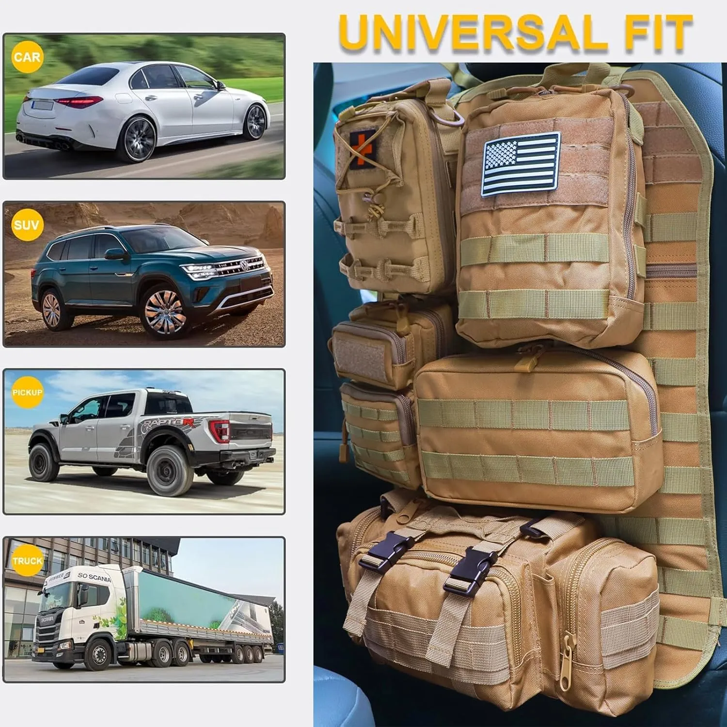 Universal Tactical Seat ​Back Organizer Vehicle Molle Panel Organizer Storage Bag with 5 Detachable Molle Pouch for All Vehicel Such as Jeep,Truck,SUV, Car, Ford,Chevy etc
