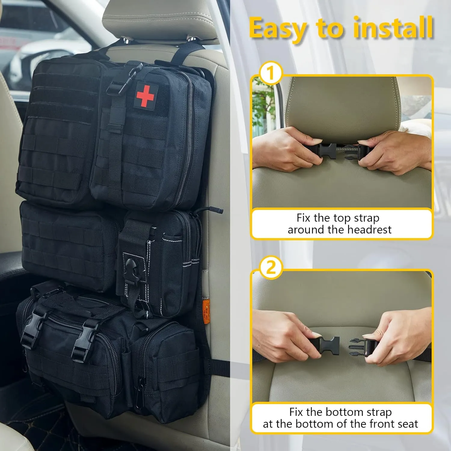 Universal Tactical Seat ​Back Organizer Vehicle Molle Panel Organizer Storage Bag with 5 Detachable Molle Pouch for All Vehicel Such as Jeep,Truck,SUV, Car, Ford,Chevy etc