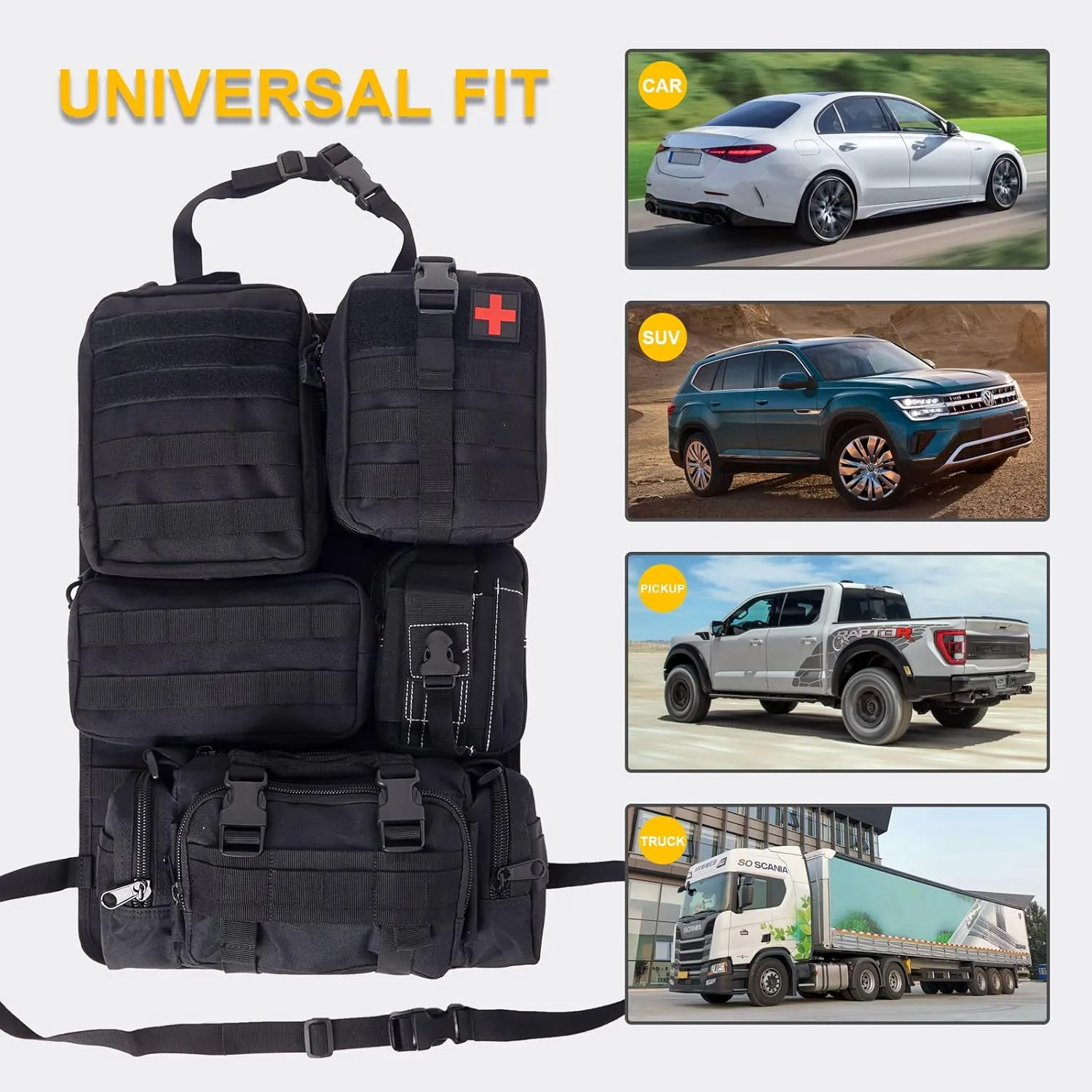 Universal Tactical Seat ​Back Organizer Vehicle Molle Panel Organizer Storage Bag with 5 Detachable Molle Pouch for All Vehicel Such as Jeep,Truck,SUV, Car, Ford,Chevy etc