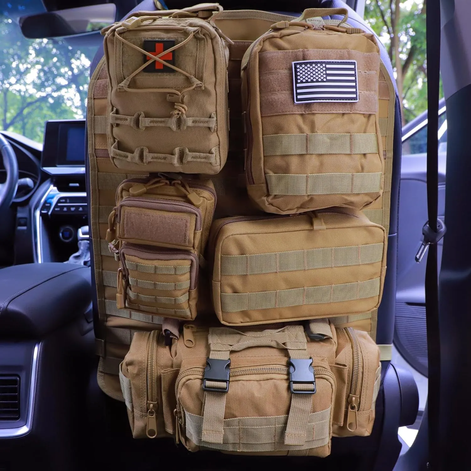 Universal Tactical Seat ​Back Organizer Vehicle Molle Panel Organizer Storage Bag with 5 Detachable Molle Pouch for All Vehicel Such as Jeep,Truck,SUV, Car, Ford,Chevy etc