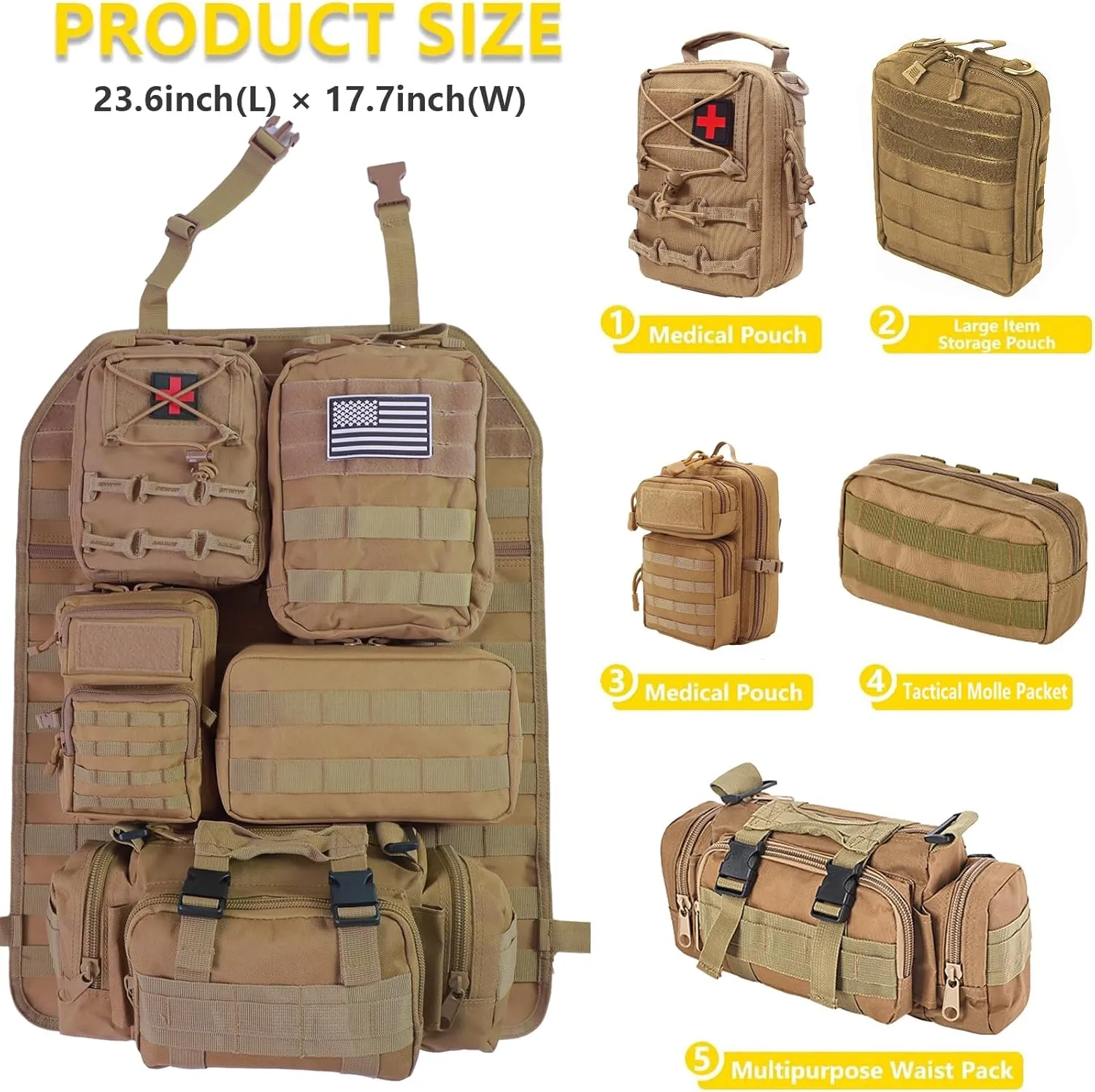 Universal Tactical Seat ​Back Organizer Vehicle Molle Panel Organizer Storage Bag with 5 Detachable Molle Pouch for All Vehicel Such as Jeep,Truck,SUV, Car, Ford,Chevy etc