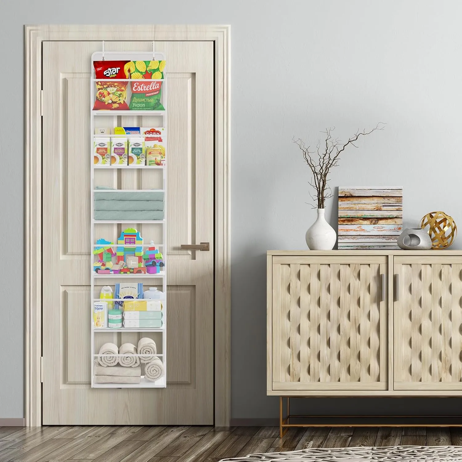 Univivi Over The Door Hanging Organizer, Closet Door Organizer with 6 Clear Plastic Pockets & 2 Big Metal Hooks for Cosmetics, Bathroom, Nursery and Sundries