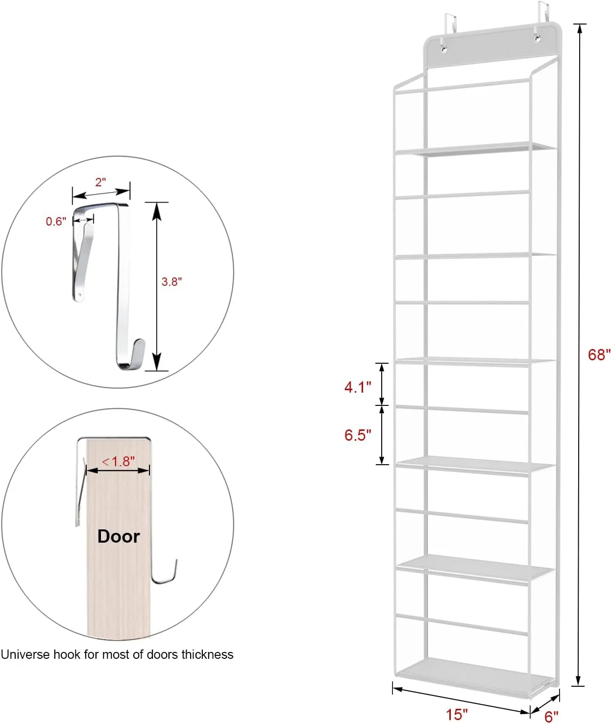 Univivi Over The Door Hanging Organizer, Closet Door Organizer with 6 Clear Plastic Pockets & 2 Big Metal Hooks for Cosmetics, Bathroom, Nursery and Sundries