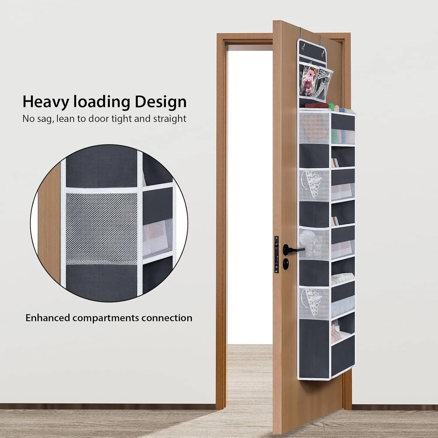 Univivi Over The Door Organizer, 6 Shelf Door Hanging Organizer Nursery Door Storage with PVC Pockets 8 Side Pockets for Bathroom,Cosmetics and Nursery Baby Essential