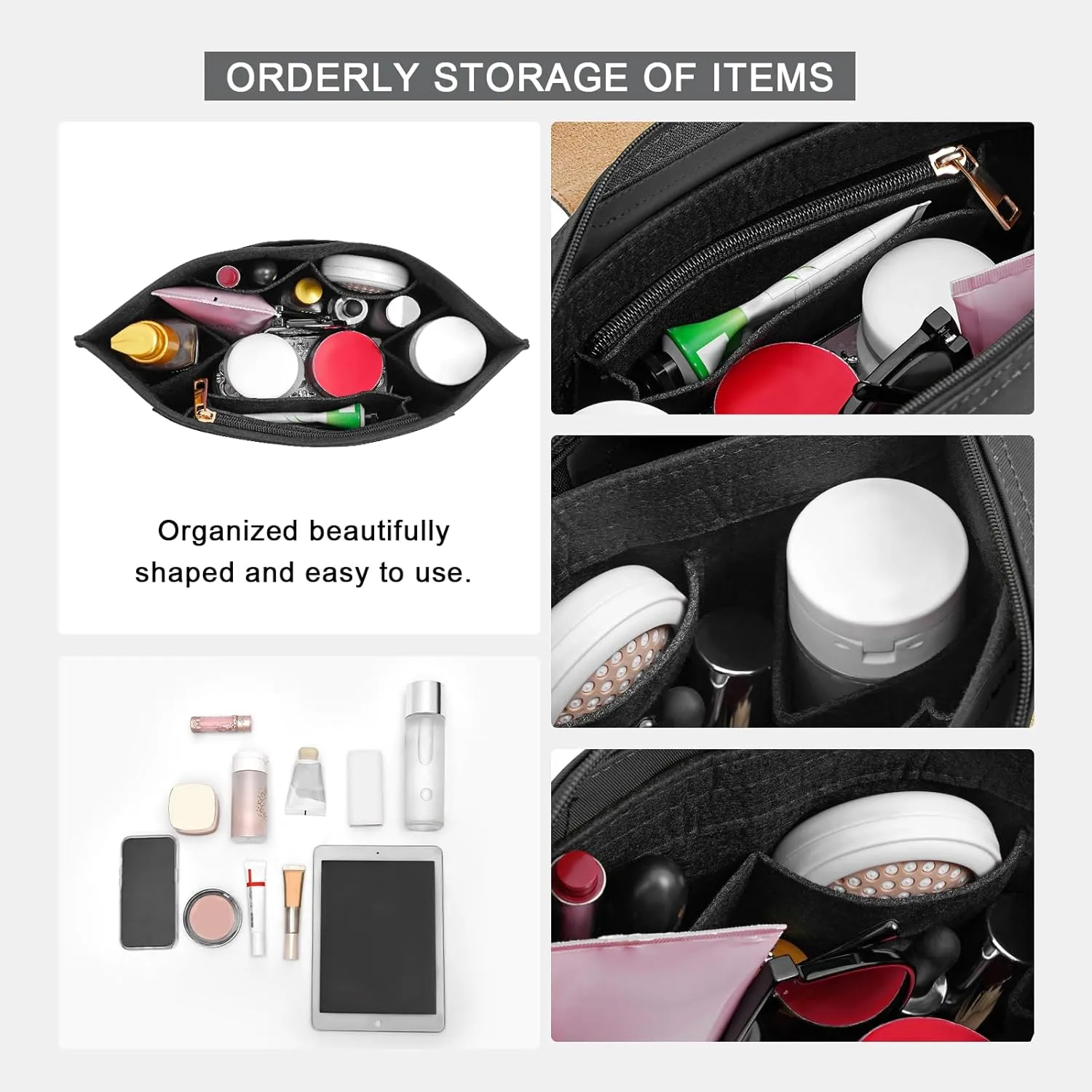 Upgraded Flet Organizer Insert for Longchamp Le Pliage M Handbag Insert (Black, Medium)