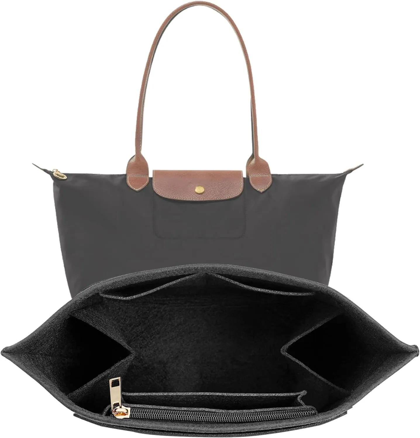 Upgraded Flet Organizer Insert for Longchamp Le Pliage M Handbag Insert (Black, Medium)