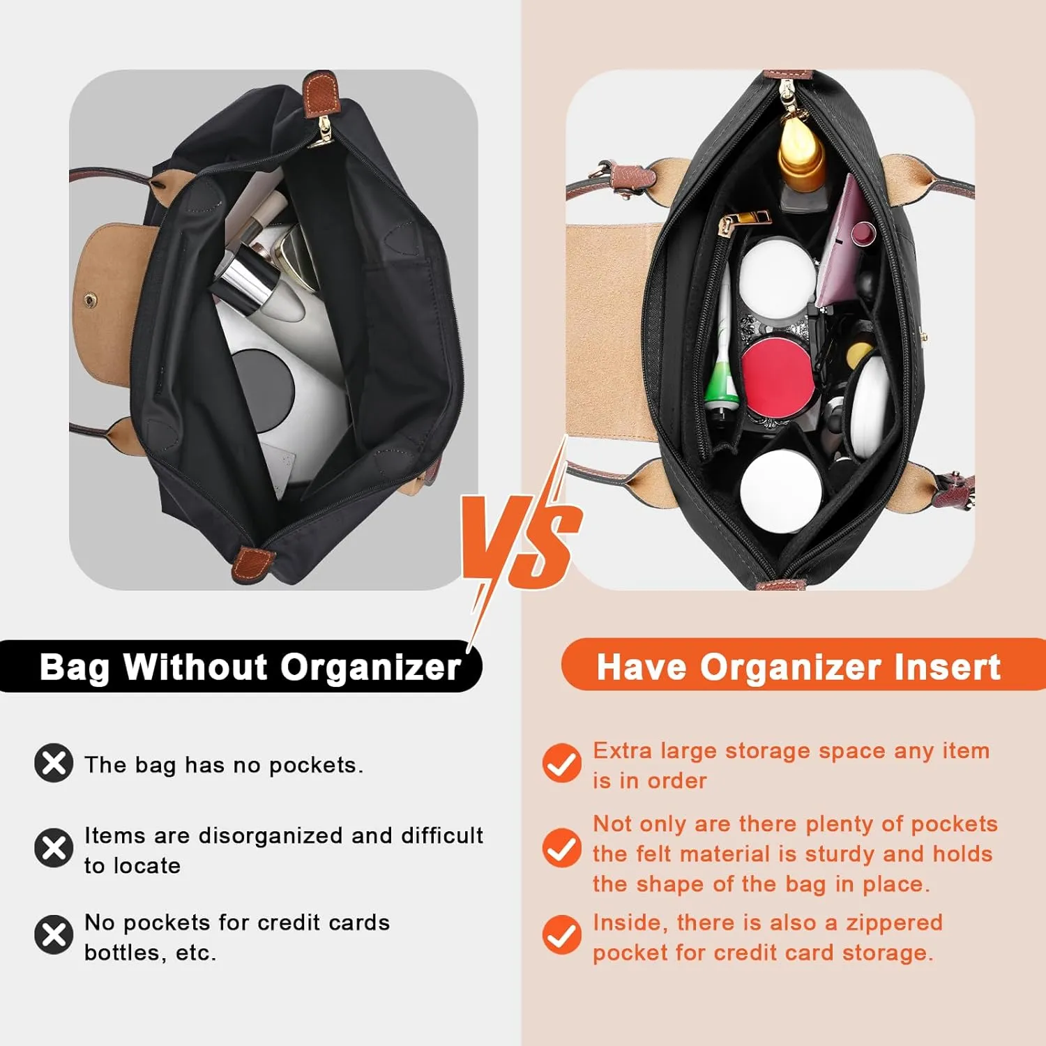 Upgraded Flet Organizer Insert for Longchamp Le Pliage M Handbag Insert (Black, Medium)
