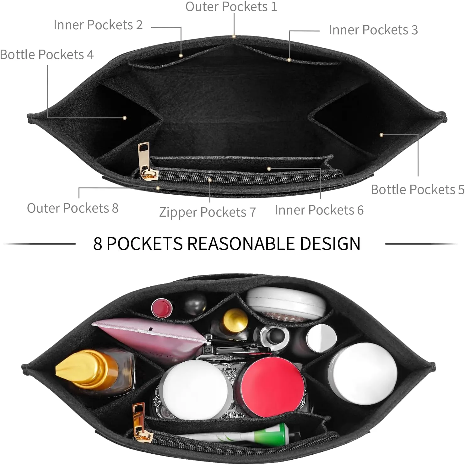Upgraded Flet Organizer Insert for Longchamp Le Pliage M Handbag Insert (Black, Medium)