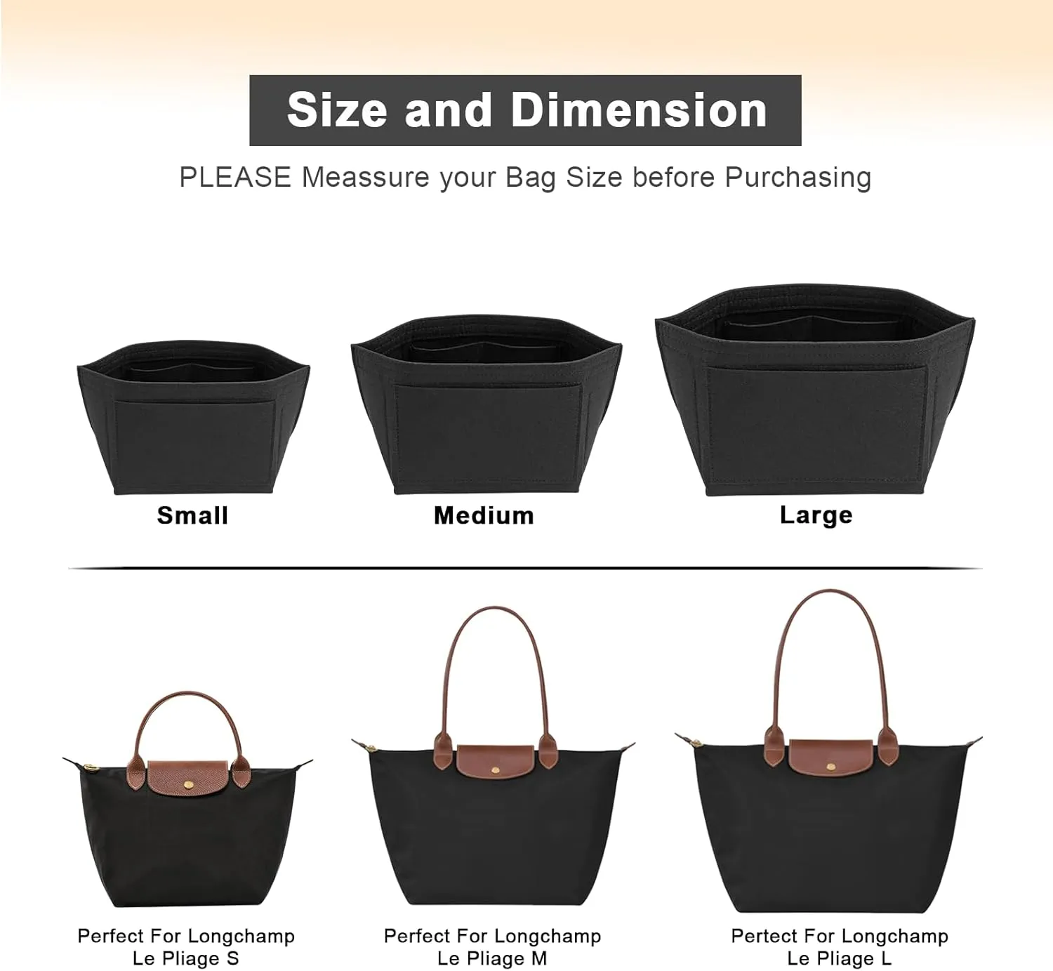 Upgraded Flet Organizer Insert for Longchamp Le Pliage M Handbag Insert (Black, Medium)