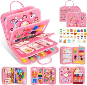 URMYWO Busy Board - Montessori Toys for 1 2 3 4 Year Old, Busy Book Toddler Activities with Fine Motor Skills, Autism Sensory Toys Gifts for Boys Girls, Travel Toys for Road Trip Plane Car (Pink