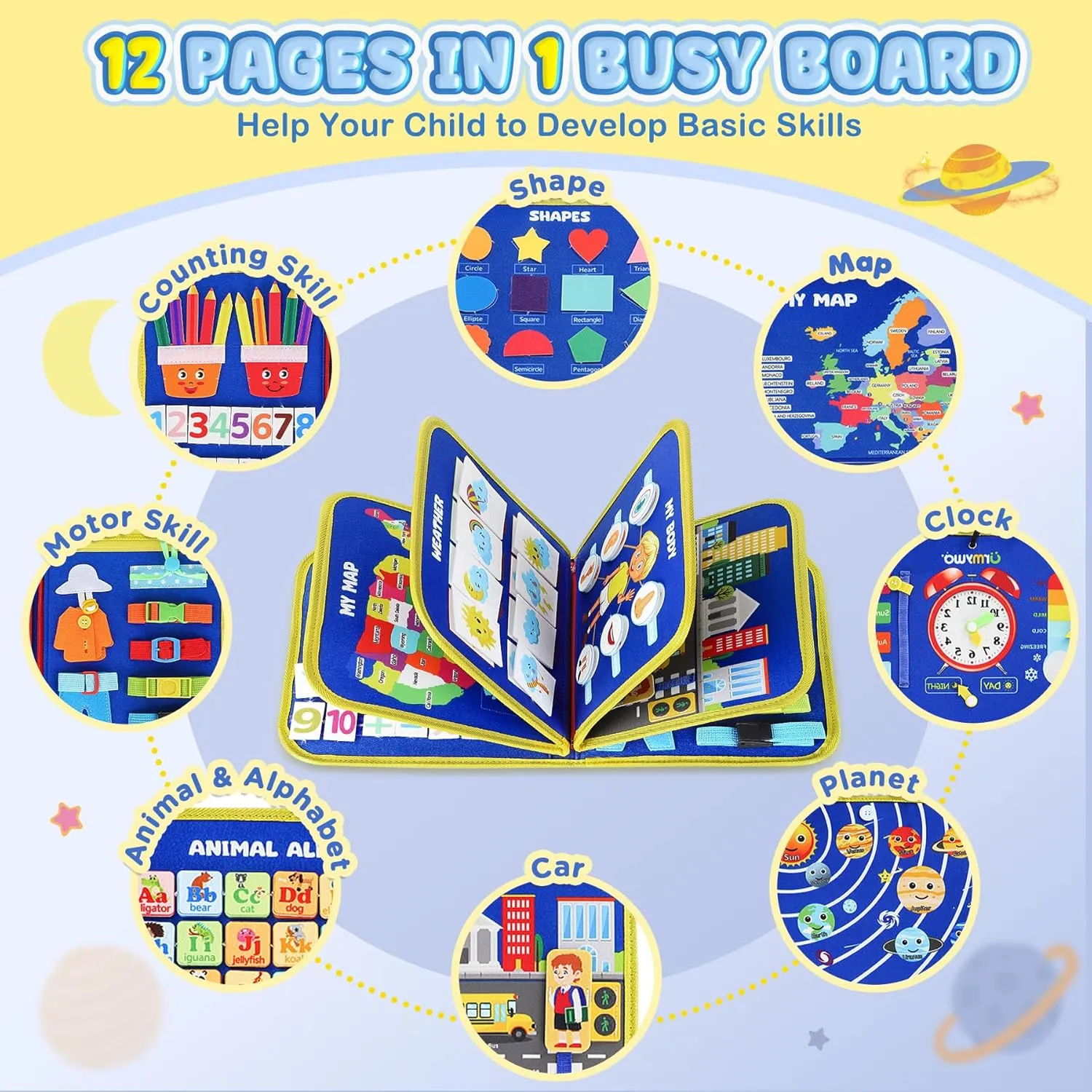 URMYWO Busy Board - Montessori Toys for 1 2 3 4 Year Old, Busy Book Toddler Activities with Fine Motor Skills, Autism Sensory Toys Gifts for Boys Girls, Travel Toys for Road Trip Plane Car