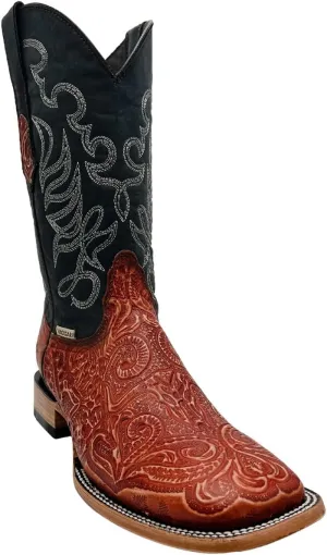 Vaccari Men's Colton Genuine Leather Hand-Tooled Longhorn Broad Square Toe Western Cowboy Boots