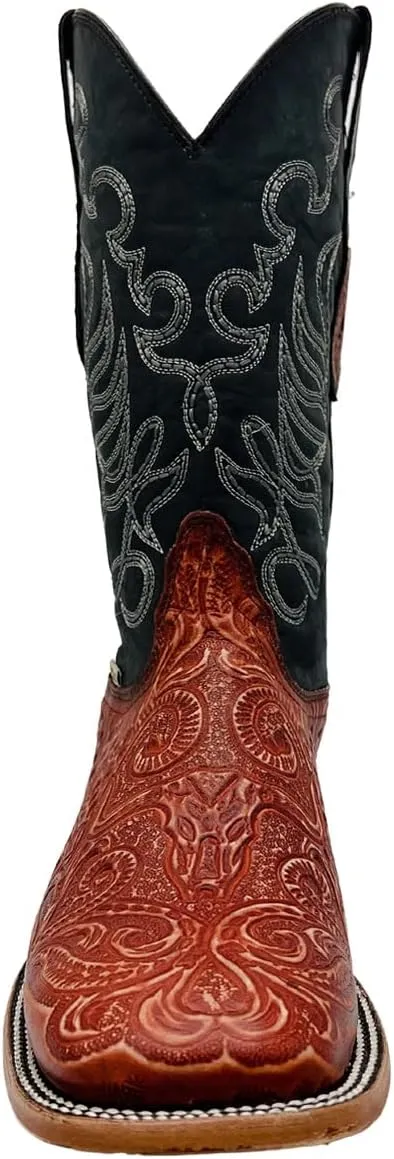 Vaccari Men's Colton Genuine Leather Hand-Tooled Longhorn Broad Square Toe Western Cowboy Boots