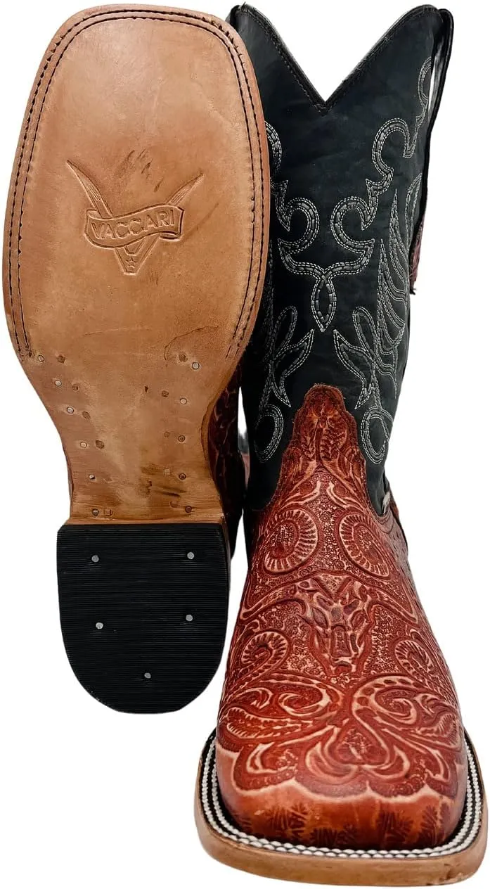 Vaccari Men's Colton Genuine Leather Hand-Tooled Longhorn Broad Square Toe Western Cowboy Boots