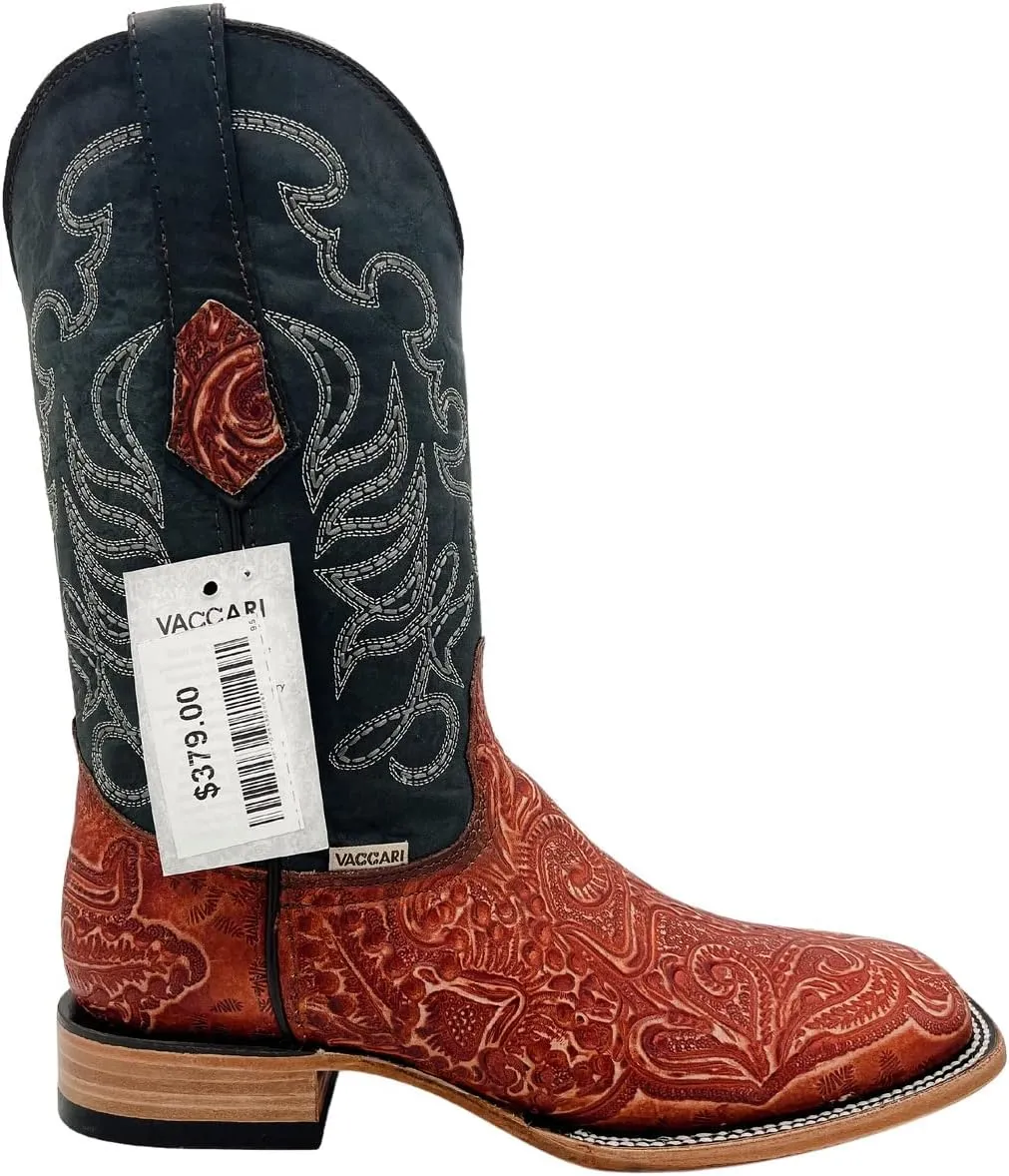 Vaccari Men's Colton Genuine Leather Hand-Tooled Longhorn Broad Square Toe Western Cowboy Boots