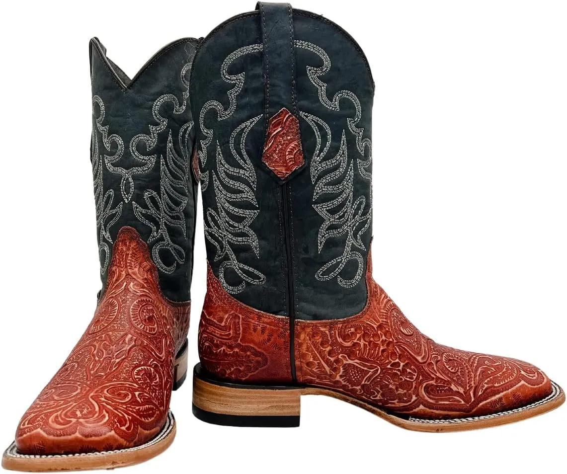 Vaccari Men's Colton Genuine Leather Hand-Tooled Longhorn Broad Square Toe Western Cowboy Boots