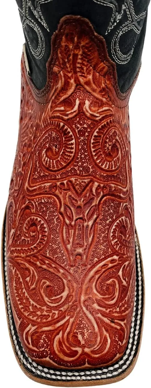 Vaccari Men's Colton Genuine Leather Hand-Tooled Longhorn Broad Square Toe Western Cowboy Boots