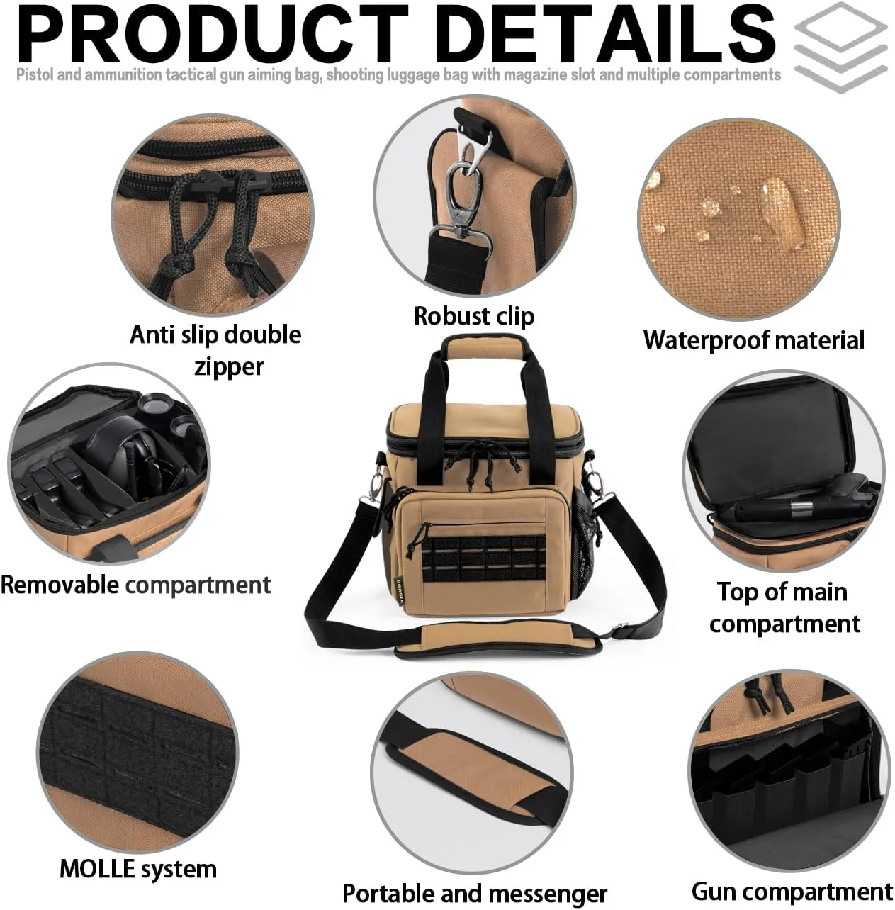 VEAGIA Tactical Range Bag,Pistol Case,Soft Gun Case Range Bags For Handguns And Ammo Safe Lockable Double Layer Explosion Proof Zipper Multi Pistol Carrying Bags (Brown)