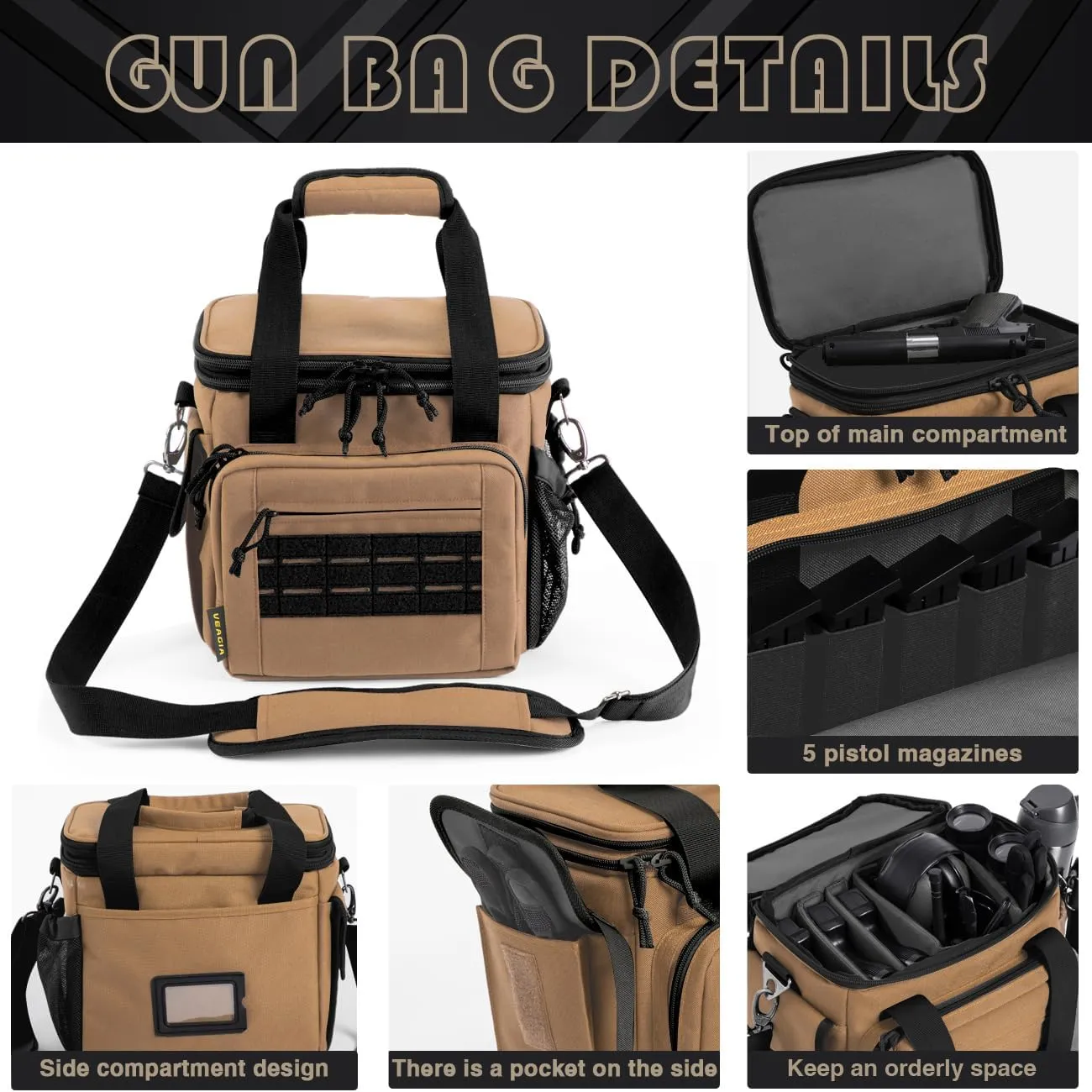 VEAGIA Tactical Range Bag,Pistol Case,Soft Gun Case Range Bags For Handguns And Ammo Safe Lockable Double Layer Explosion Proof Zipper Multi Pistol Carrying Bags (Brown)