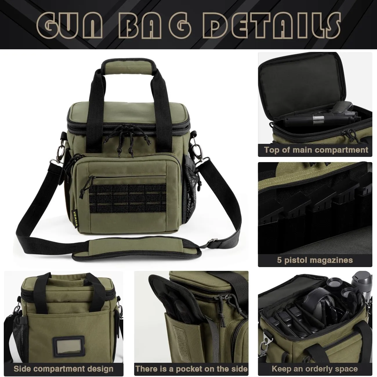 VEAGIA Tactical Range Bag,Pistol Case,Soft Gun Case Range Bags For Handguns And Ammo Safe Lockable Double Layer Explosion Proof Zipper Multi Pistol Carrying Bags (Green)