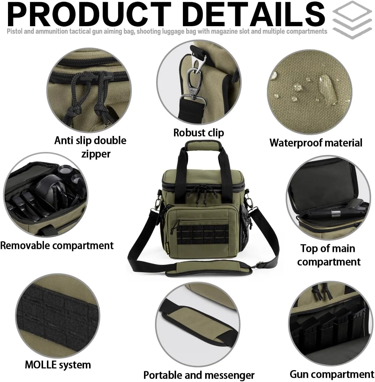 VEAGIA Tactical Range Bag,Pistol Case,Soft Gun Case Range Bags For Handguns And Ammo Safe Lockable Double Layer Explosion Proof Zipper Multi Pistol Carrying Bags (Green)