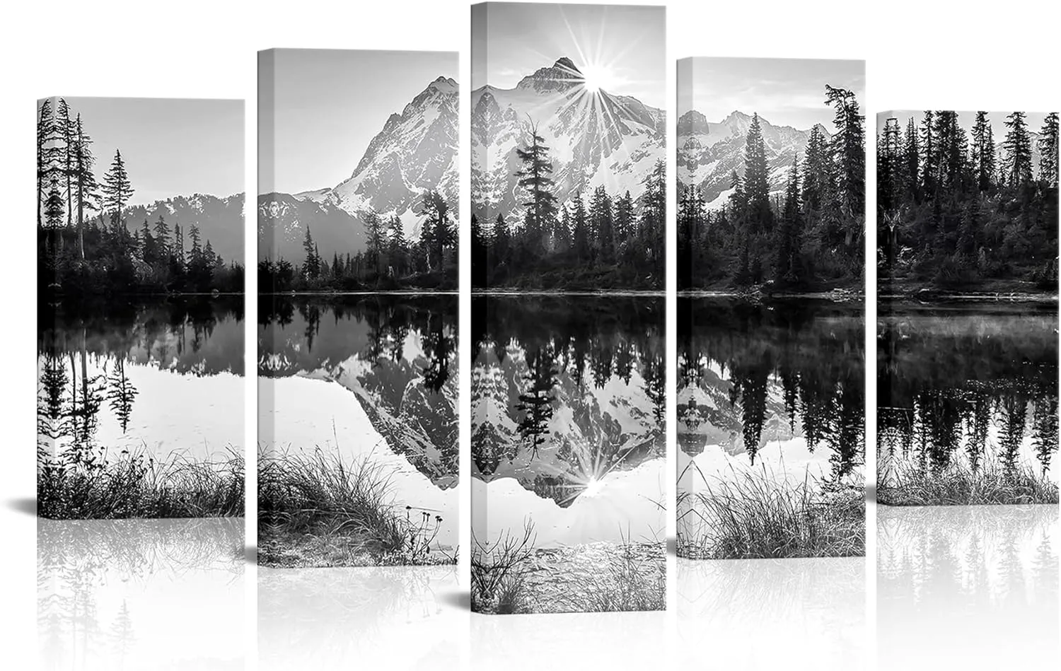 Vefacaiyo Black White Snow Mountain Lake Canvas Wall Art Sunshine Mountain Lake Forest Scenery Wall Decor Nature Landscape Pictures Artwork for Home Living Room Office, 40''x24''