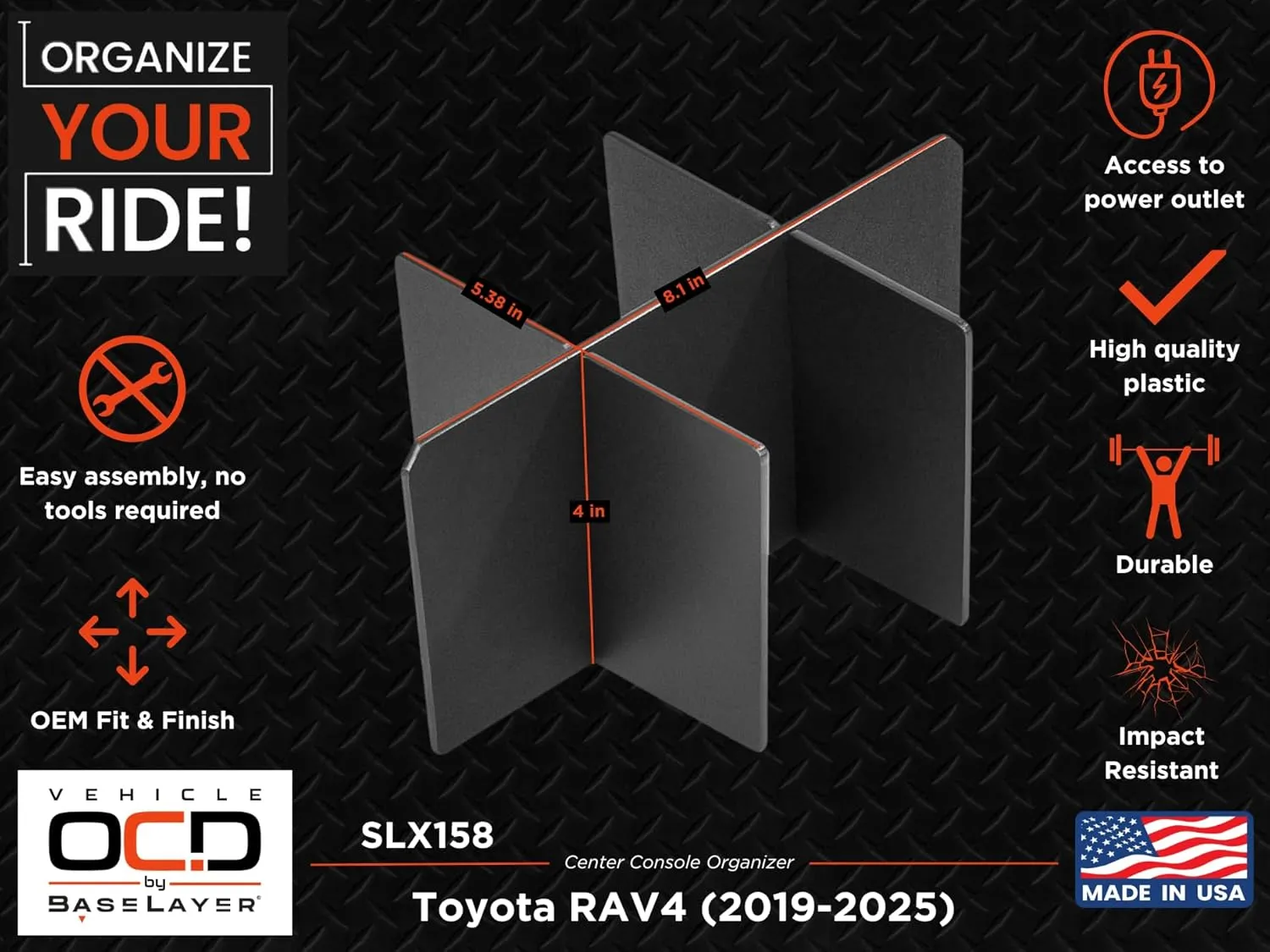 Vehicle OCD - Center Console Organizer for Toyota RAV4 (2019-2025) - Made in USA - SLX158