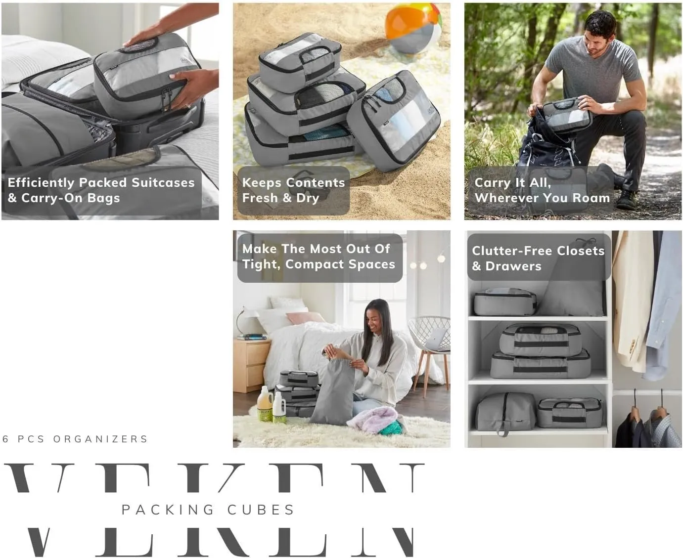 Veken 6 Set Packing Cubes for Travel Essentials, Suitcase Organizer Bags Set for Luggage, Road Trip Travel Accessories in 4 Sizes (Extra Large, Large, Medium, Small)