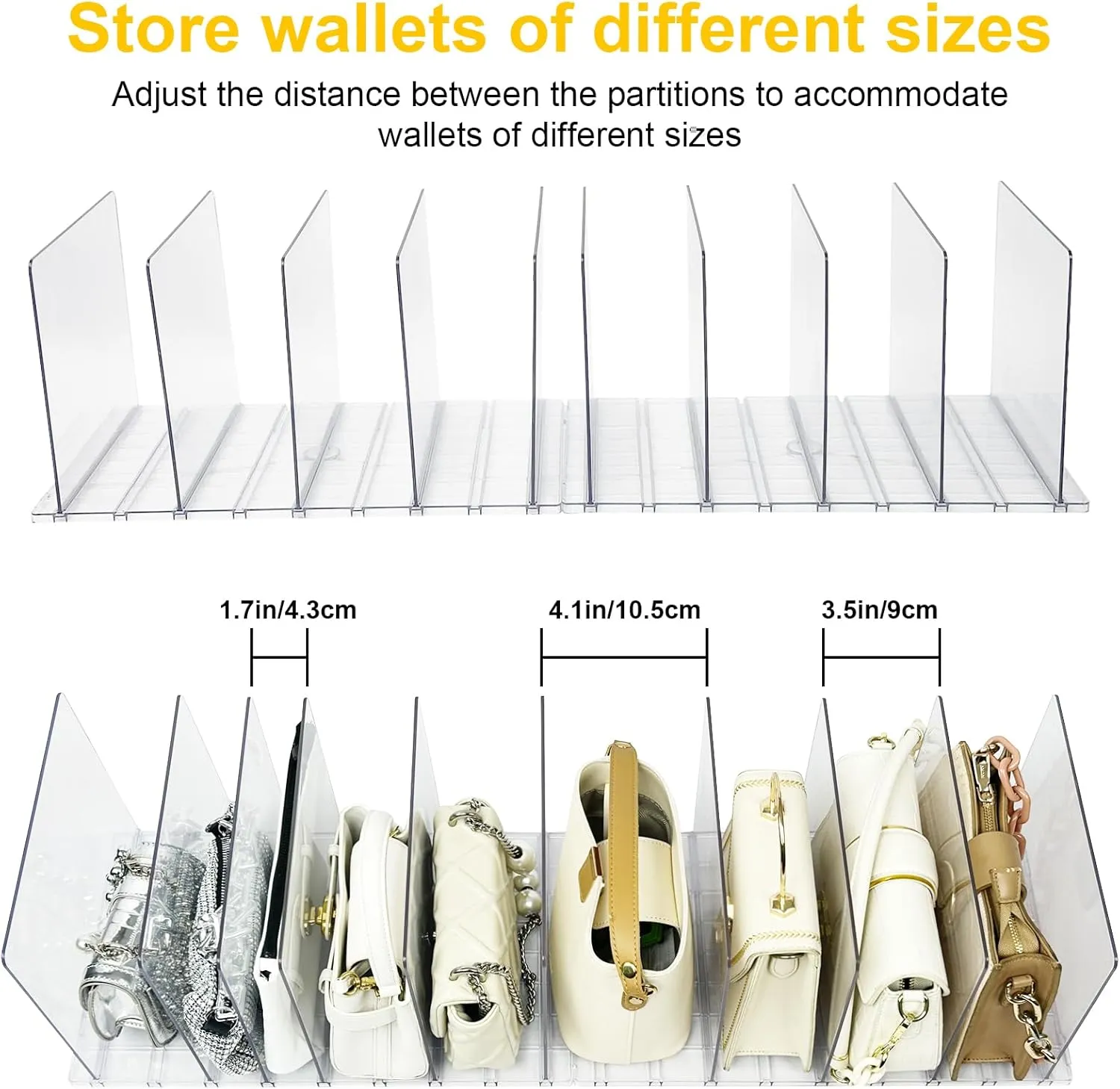 VERONLY 2 Pack Purse Organizer for Closet, 10 Layers Acrylic Shelf Dividers, Adjustable Purse Wallet Bag Divider, Handbag Separator Organizers for Office, Bookshelf, Bedroom（Clear）