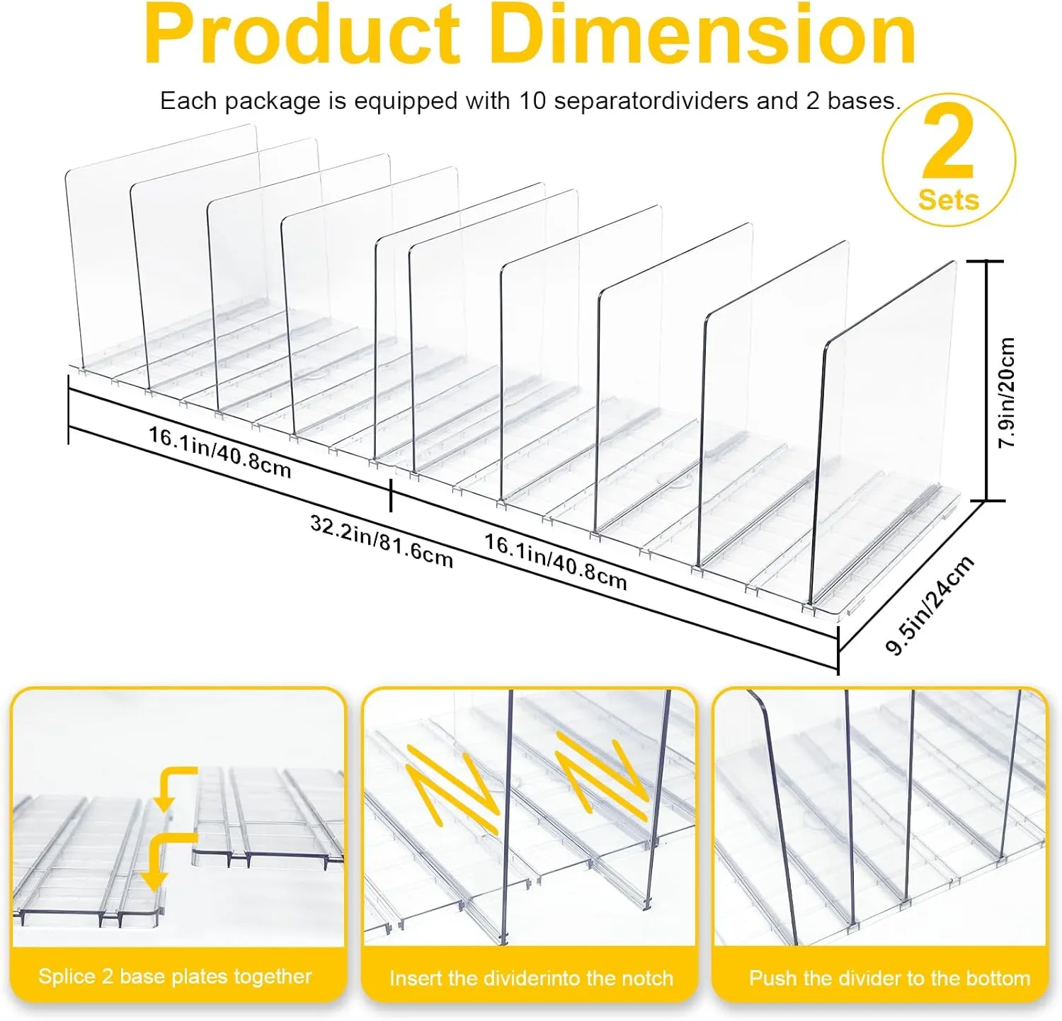VERONLY 2 Pack Purse Organizer for Closet, 10 Layers Acrylic Shelf Dividers, Adjustable Purse Wallet Bag Divider, Handbag Separator Organizers for Office, Bookshelf, Bedroom（Clear）