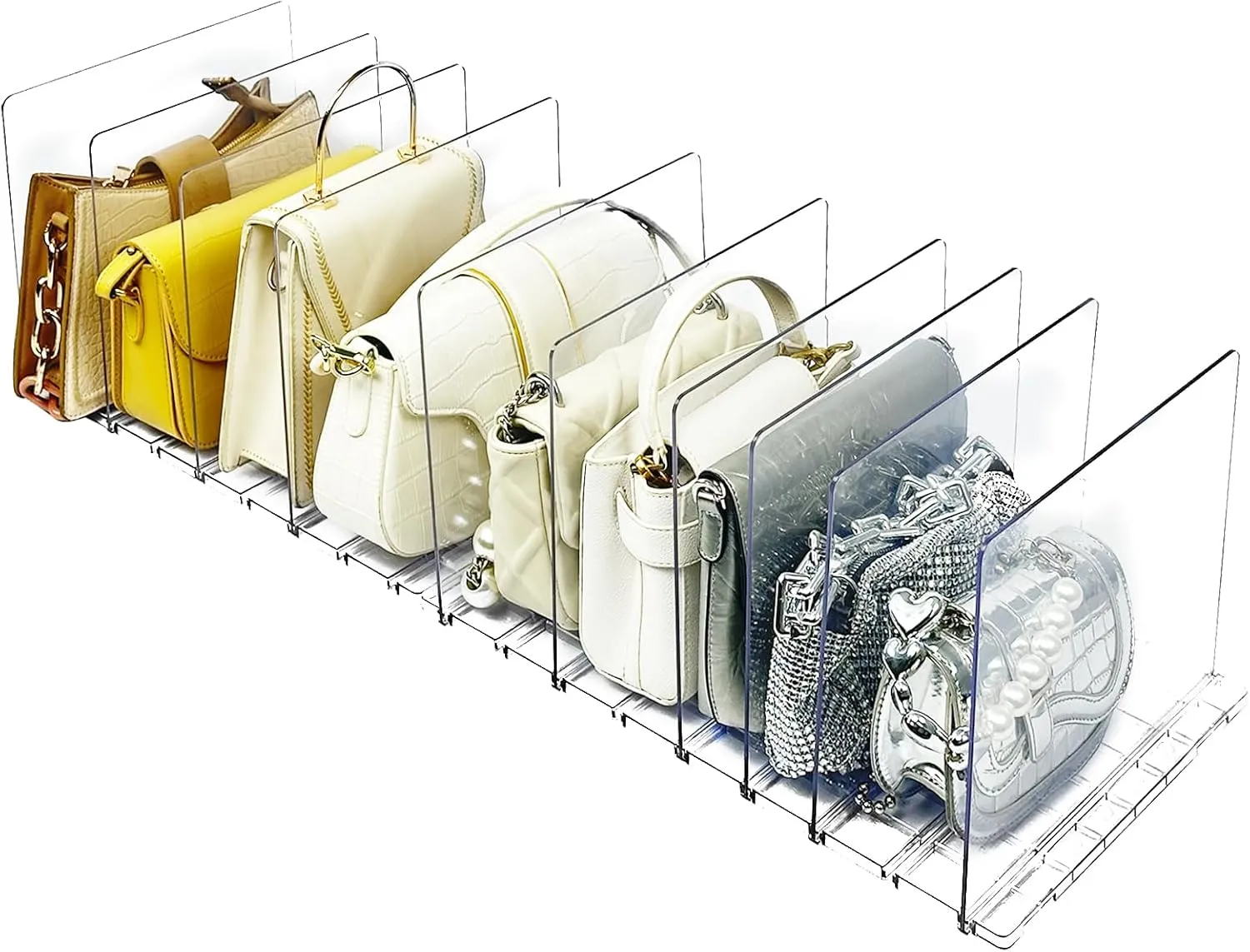 VERONLY 2 Pack Purse Organizer for Closet, 10 Layers Acrylic Shelf Dividers, Adjustable Purse Wallet Bag Divider, Handbag Separator Organizers for Office, Bookshelf, Bedroom（Clear）