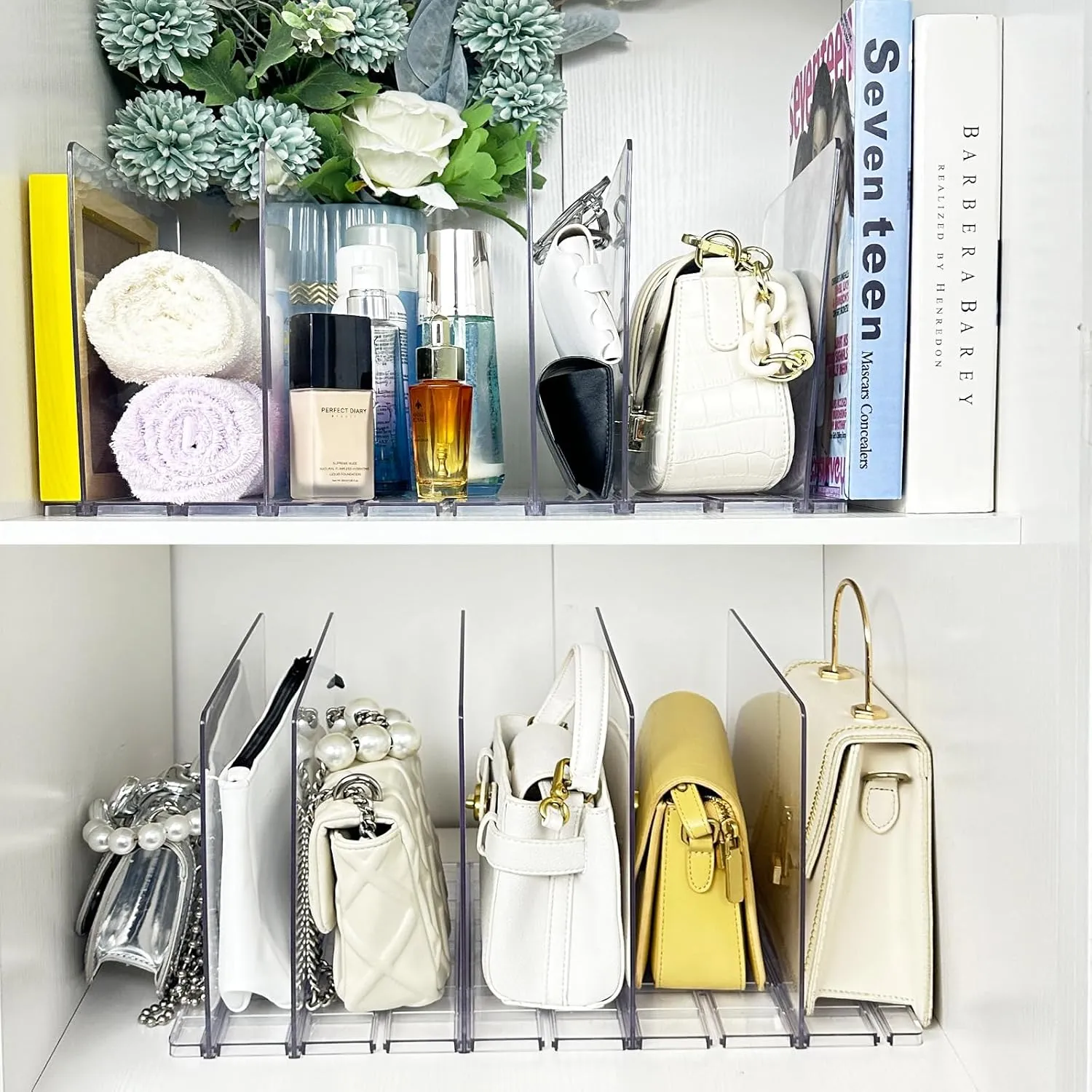 VERONLY 2 Pack Purse Organizer for Closet, 10 Layers Acrylic Shelf Dividers, Adjustable Purse Wallet Bag Divider, Handbag Separator Organizers for Office, Bookshelf, Bedroom（Clear）