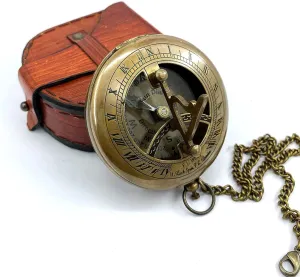 Vintage Brass Sundial Compass with Leather Case and Chain, Maritime Navigation Tool