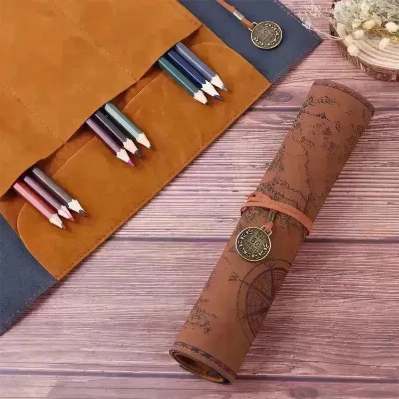 Vintage Treasure Map Leather Pencil Roll