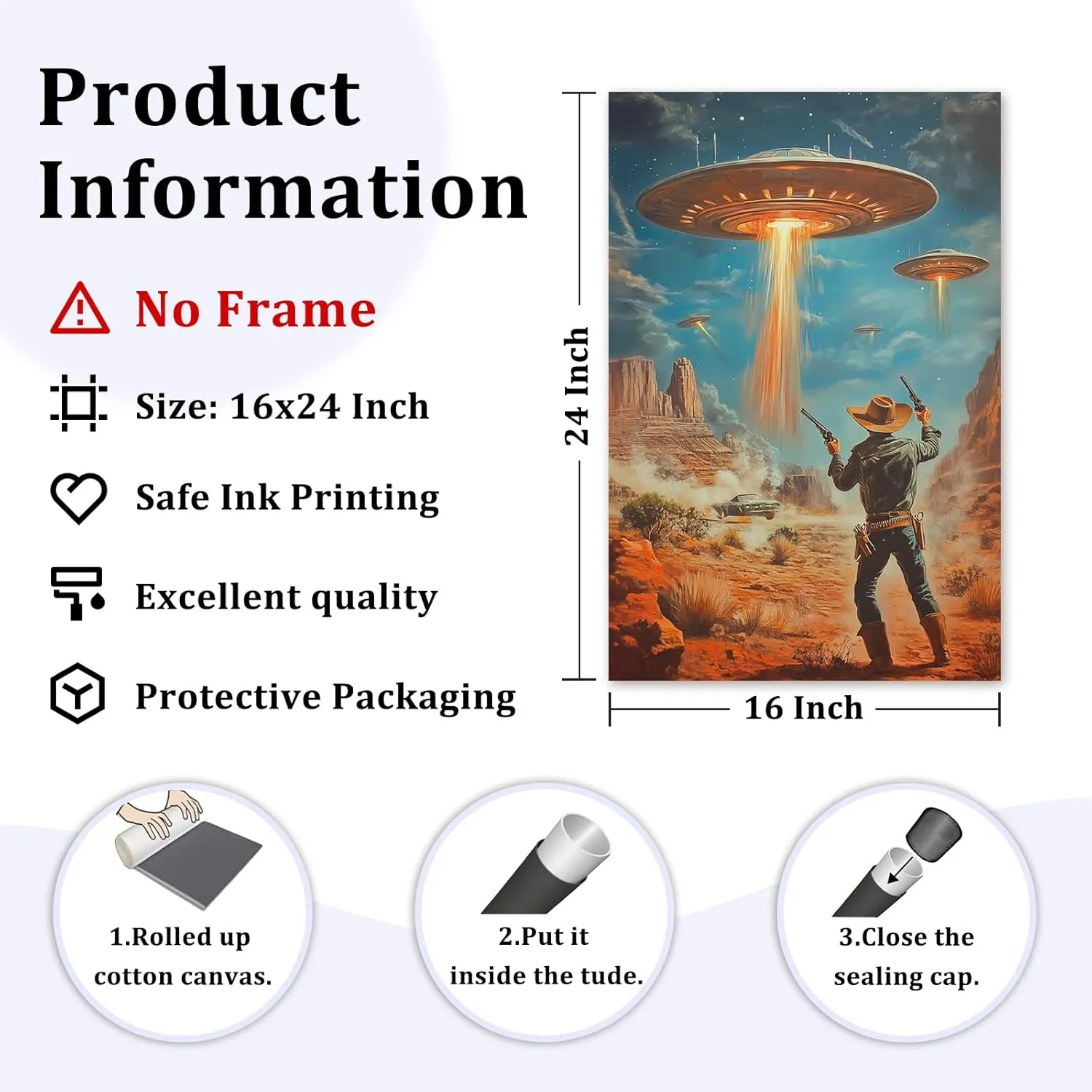 Vintage Western Painting Retro Ufo Art Desert Landscape Prints Retro Cowboy Wall Art Flying Saucer Poster Western Cowboy Artwork Alien Abduction Poster Vintage Ufo Print for Office 16x24in Frameless