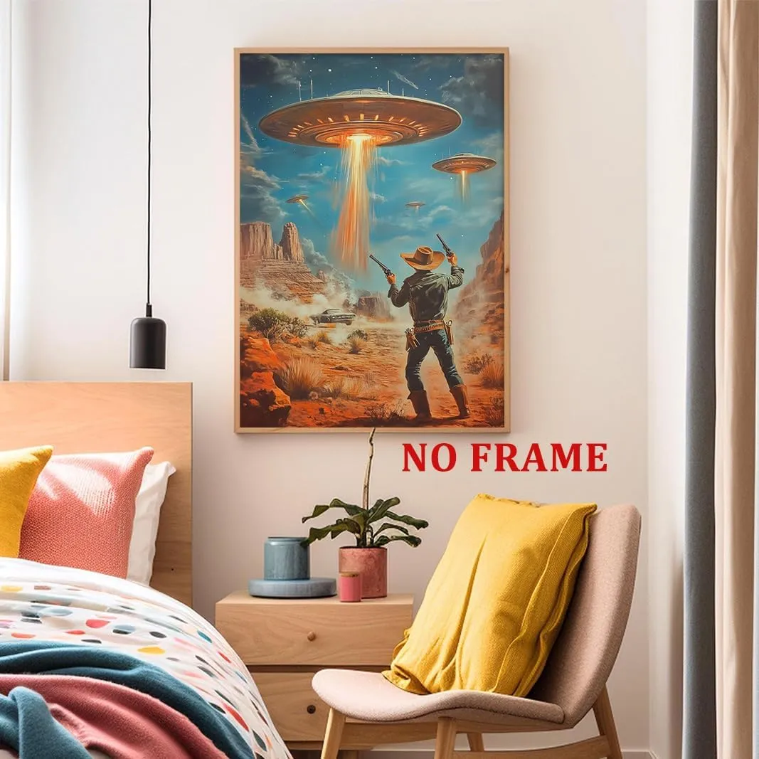Vintage Western Painting Retro Ufo Art Desert Landscape Prints Retro Cowboy Wall Art Flying Saucer Poster Western Cowboy Artwork Alien Abduction Poster Vintage Ufo Print for Office 16x24in Frameless
