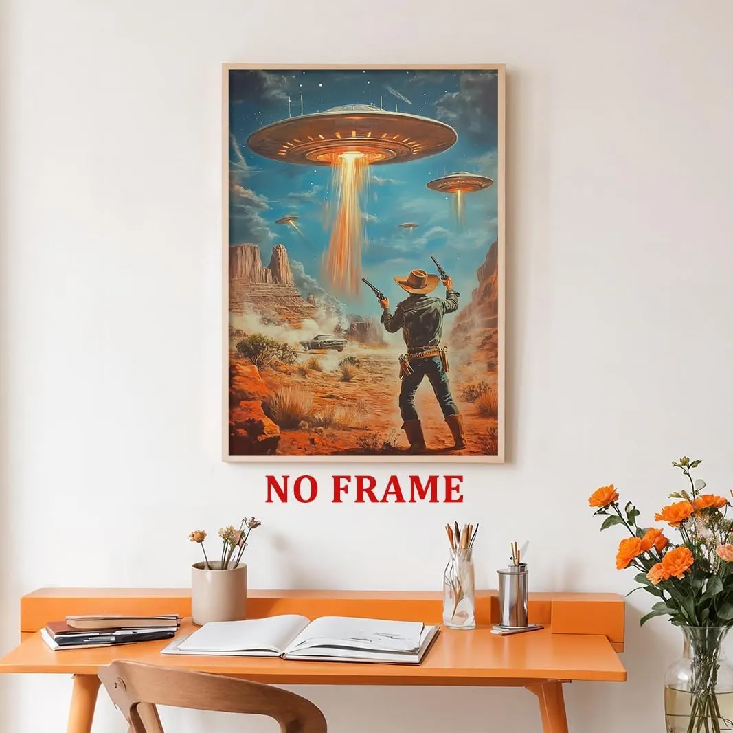 Vintage Western Painting Retro Ufo Art Desert Landscape Prints Retro Cowboy Wall Art Flying Saucer Poster Western Cowboy Artwork Alien Abduction Poster Vintage Ufo Print for Office 16x24in Frameless