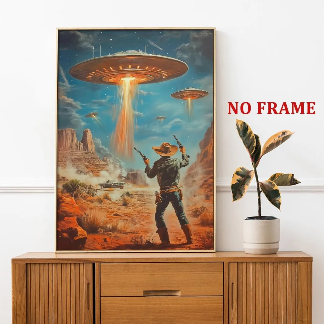Vintage Western Painting Retro Ufo Art Desert Landscape Prints Retro Cowboy Wall Art Flying Saucer Poster Western Cowboy Artwork Alien Abduction Poster Vintage Ufo Print for Office 16x24in Frameless