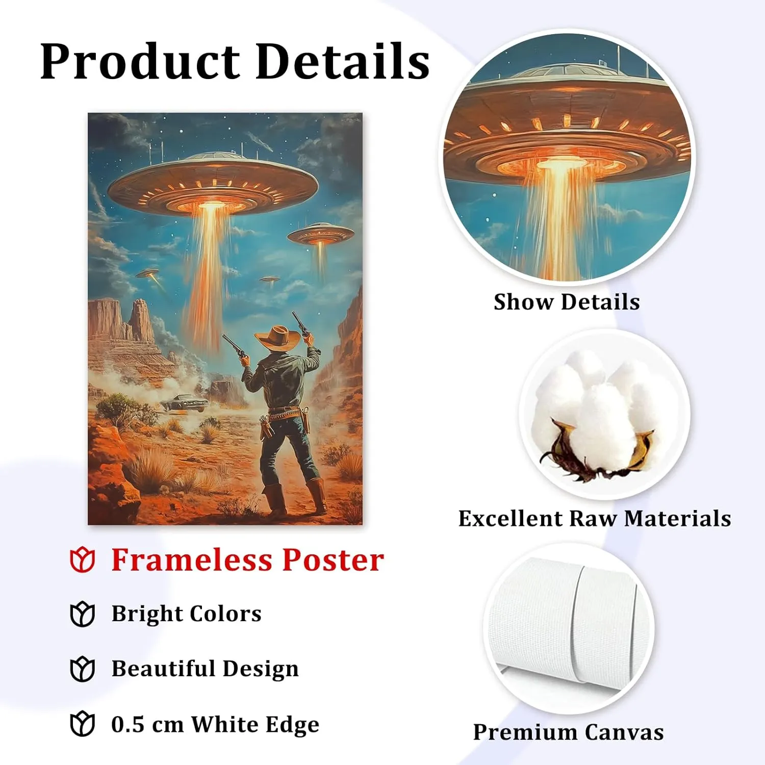 Vintage Western Painting Retro Ufo Art Desert Landscape Prints Retro Cowboy Wall Art Flying Saucer Poster Western Cowboy Artwork Alien Abduction Poster Vintage Ufo Print for Office 16x24in Frameless