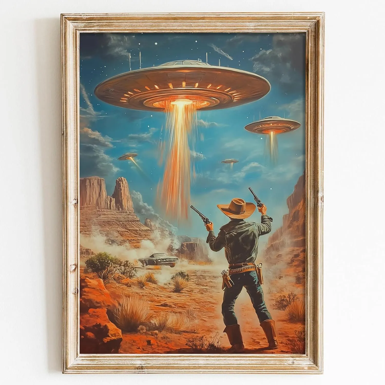 Vintage Western Painting Retro Ufo Art Desert Landscape Prints Retro Cowboy Wall Art Flying Saucer Poster Western Cowboy Artwork Alien Abduction Poster Vintage Ufo Print for Office 16x24in Frameless