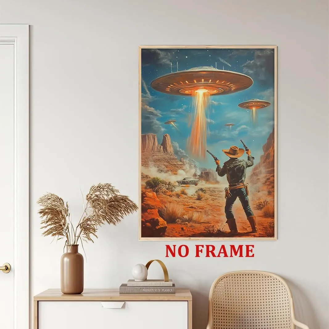 Vintage Western Painting Retro Ufo Art Desert Landscape Prints Retro Cowboy Wall Art Flying Saucer Poster Western Cowboy Artwork Alien Abduction Poster Vintage Ufo Print for Office 16x24in Frameless