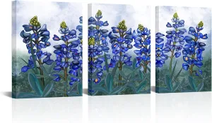 Visual Art Decor Framed Painting Texas Bluebonnets Flowers Canvas Wall Art Blue Floral Picture for Bedroom Living Room Bathroom Decoration