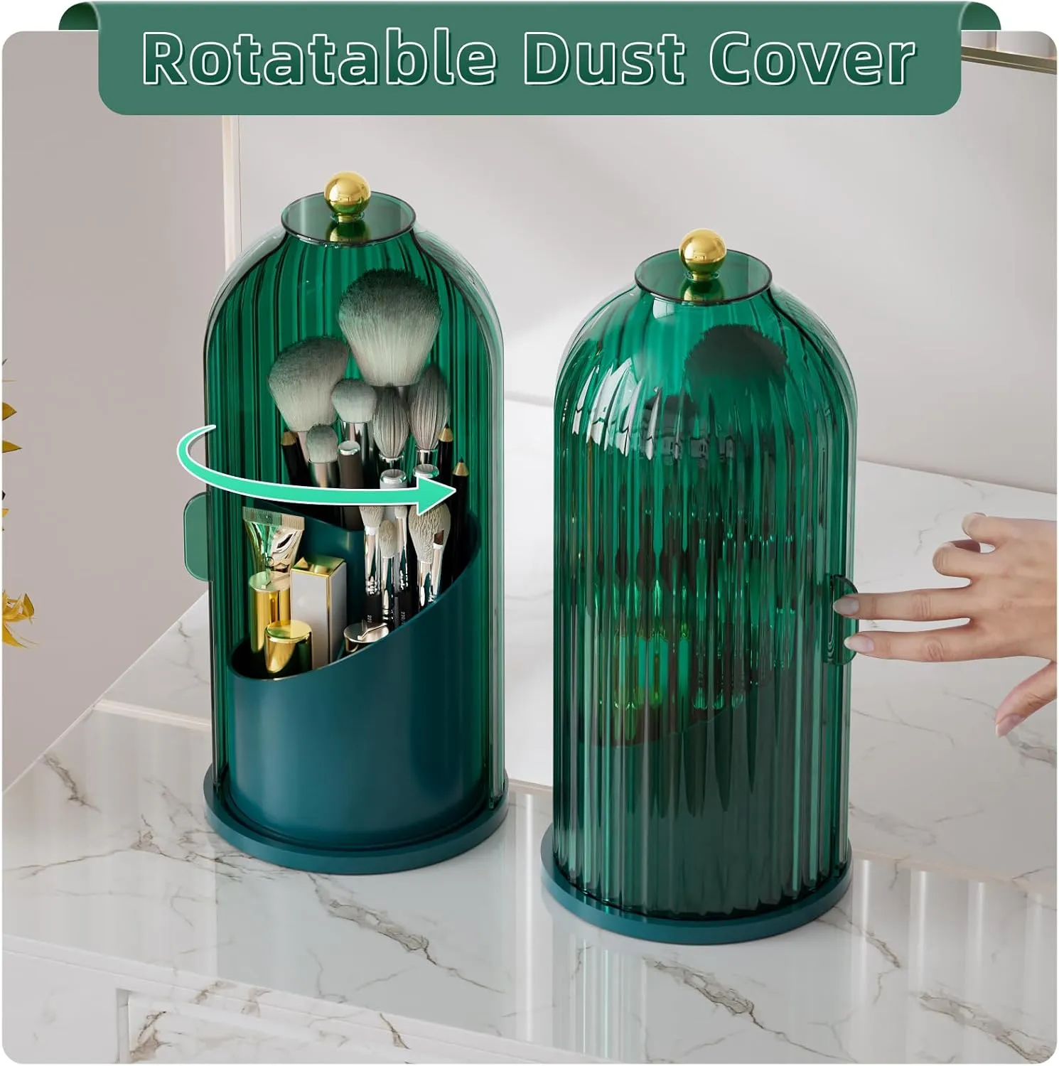 VITVITI Makeup Brush Holder Organizer with Lid, 360 Rotating Clear Make up Brush Organizer for Vanity Countertop, Bathroom Cosmetic Tools Holder with Dustproof Cover, Plastic (Green)