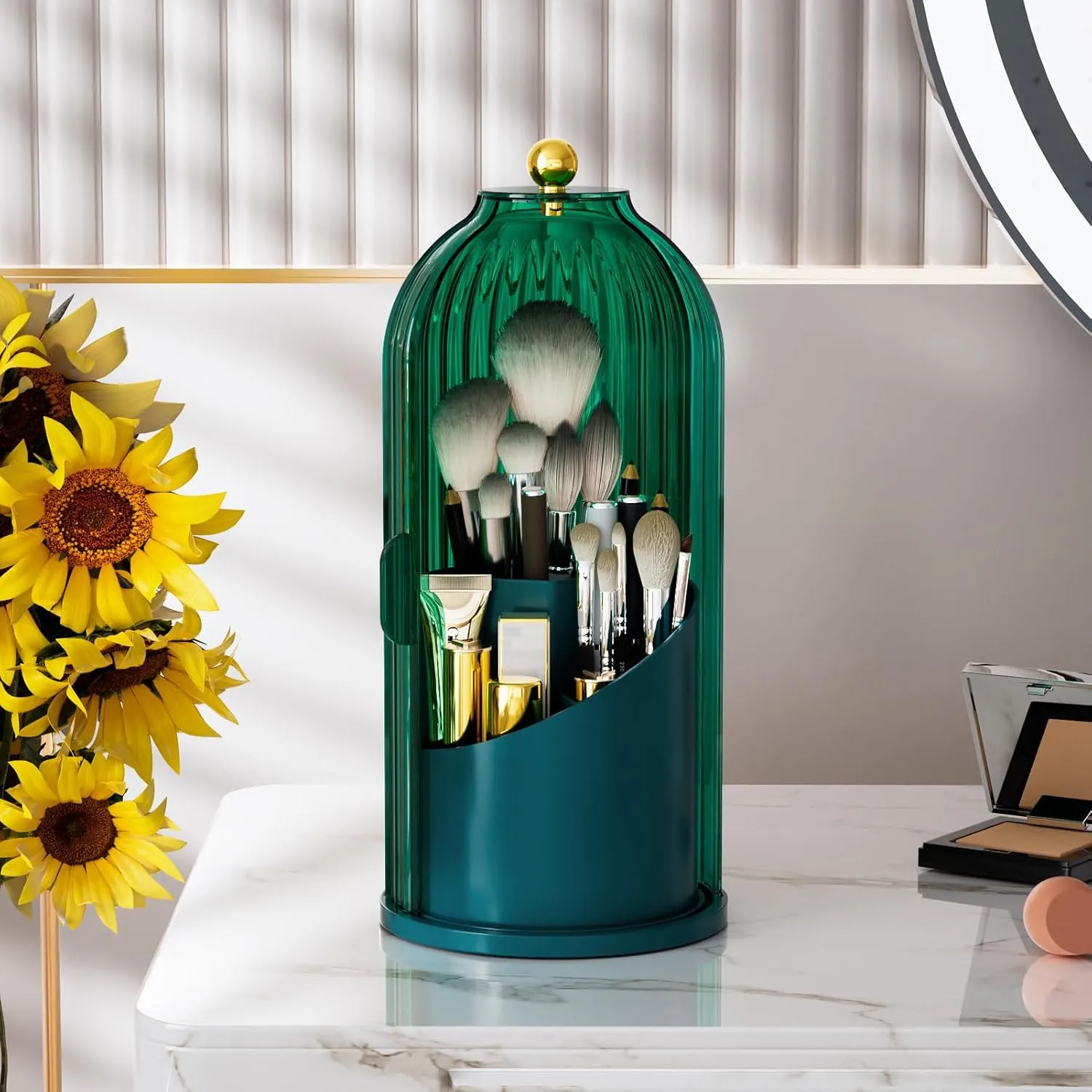 VITVITI Makeup Brush Holder Organizer with Lid, 360 Rotating Clear Make up Brush Organizer for Vanity Countertop, Bathroom Cosmetic Tools Holder with Dustproof Cover, Plastic (Green)