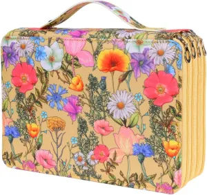 Vomgomfom Colored Pencil Holder - 200 Slots Large Capacity Case with Zipper Closure Twill Fabric, Yellow Flower Pattern for Watercolor Pens, Markers, Artists