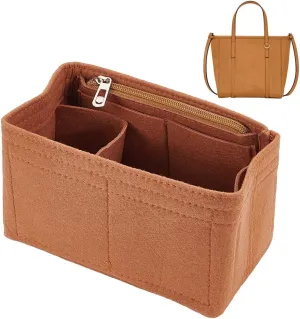 WADORN Felt Handbag Insert Organizer, Felt Zipper Tote Bag Insert Rectangle Purse Organizer Bag In Bag Multiple Compartments Bag Insert Interior Shaper, 7.1x3.5x4.3 Inch, Camel