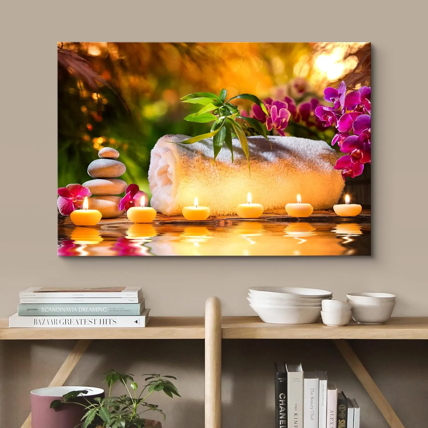 wall26 Canvas Print Wall Art Sunset Yoga Meditation Bath Towel Candle Orchids Nature Wilderness Photography Realism Rustic Landscape Colorful Multicolor for Living Room, Bedroom, Office - 12"x18"