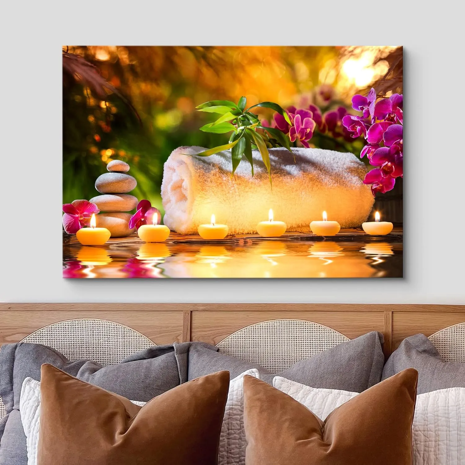 wall26 Canvas Print Wall Art Sunset Yoga Meditation Bath Towel Candle Orchids Nature Wilderness Photography Realism Rustic Landscape Colorful Multicolor for Living Room, Bedroom, Office - 12"x18"