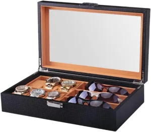 Watch Box 6 Slots Watch Box Watch Display Organizer Box Watch Glasses Storage Box Carbon Fiber PU Leather Display Box Watch Organizer Men(B)